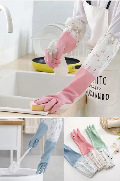 Tilbe Home Uzun Kollu Lateks Bulaşık Eldiveni Su Geçirmez Mutfak Banyo Ev Temizlik Eldiveni Lastikli Silikon