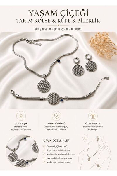 ELİSA ACCESSORİES Yaşam Çiçeği Desenli Çelik Takı Seti Kolye Küpe Bileklik Ko...