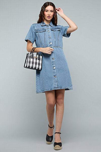 R&B Washed Denim Shirt Dress with Short Sleeves