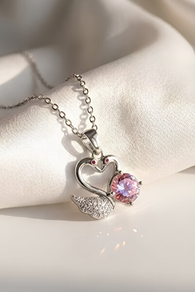 Elifsu Jewelry Steel Necklace with Zircon Stone and Swan Heart Design