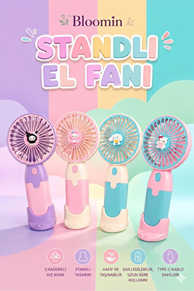 Bloomin Standlı Şarjlı Mini Taşınabilir El ve Masa Fanı - 3 Kademeli, Sevimli...