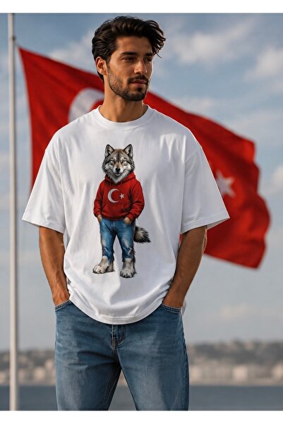 MiniHouse Tricou supradimensionat cu imprimeu Turcia, Lună, Stea și Lup
