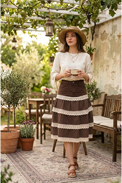 ÇATI KATI Vintage Bohem Tarz (Upcycling) Dantel Detaylı Kahverengi Midi Boy Etek