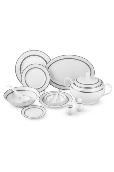 Dania Porcelain Dinner Set 45 Pieces White Color with Silver Line Serving Dis...