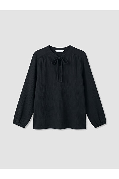 LC Waikiki Black Tie-Neck Gathered Textured Blouse