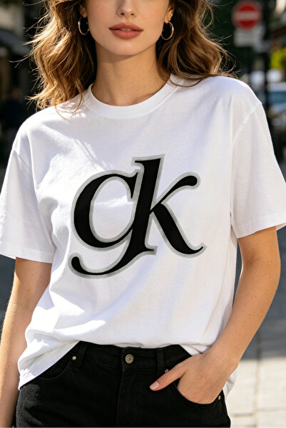 Fleck Womens T Shirts CK Logo Print Casual Basic Style White Top Fashion Stre...