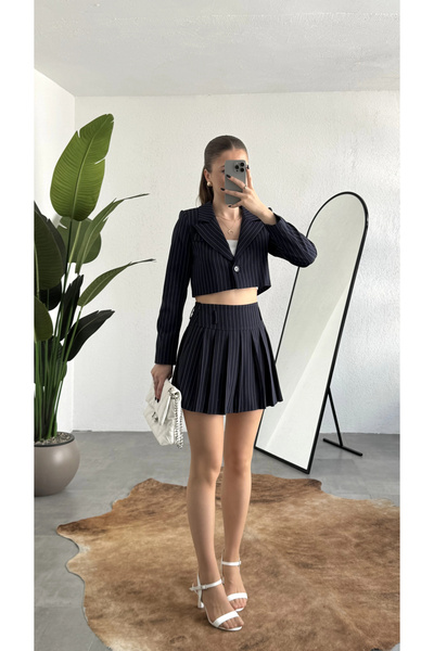asfamoda Women's Navy Blue Striped Lined Single Button Crop Jacket Belted Lined Pleated Skirt Set