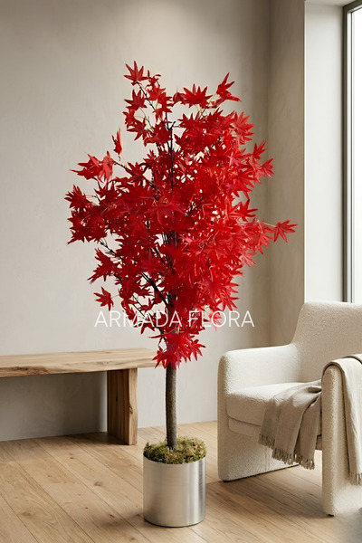Armada Flora Yapay Kırmızı Çınar Modern Metal Saksılı
