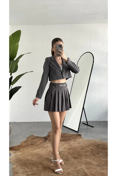asfamoda Women's Anthracite Striped Lined Single Button Crop Jacket Belted Lined Pleated Skirt Set