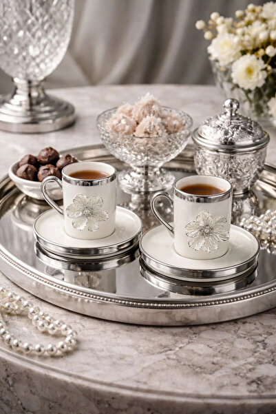 YzHome 2 Li Gümüş Yaldızlı Porselen Lotus Çiçek Kahve Fincan Takımı Seti 100ml