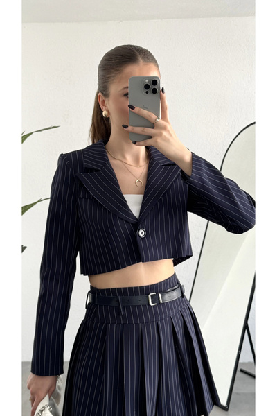 asfamoda Women's Navy Blue Striped Lined Single Button Crop Jacket Belted Lined Pleated Skirt Set