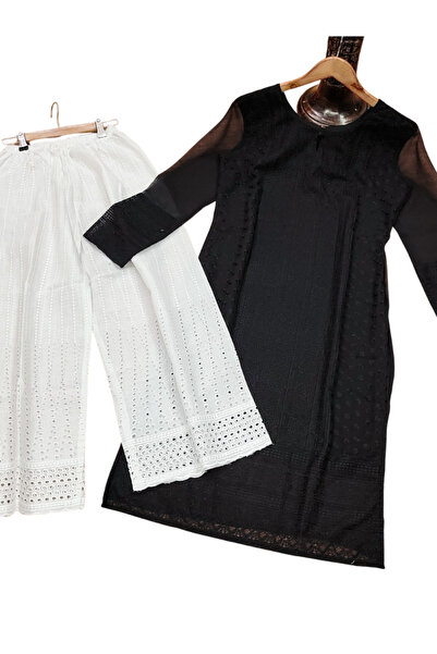 MYSMAR Black & White Chikankari Palazzo Set - NJF2930 | Black-White