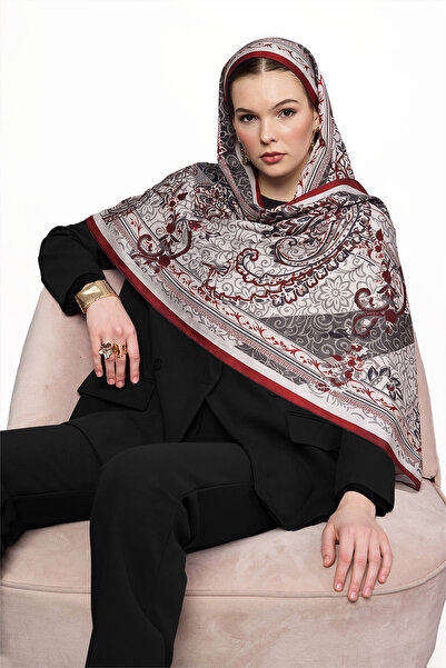ŞALLOVES SHINA Parlak Bloomark Desenli Baskılı Şal – Açık Bordo-Gri-Taş