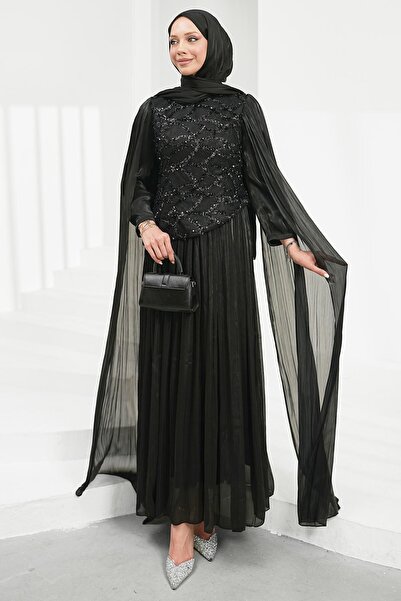 İmajButik Black Sequined Janjan Evening Dress
