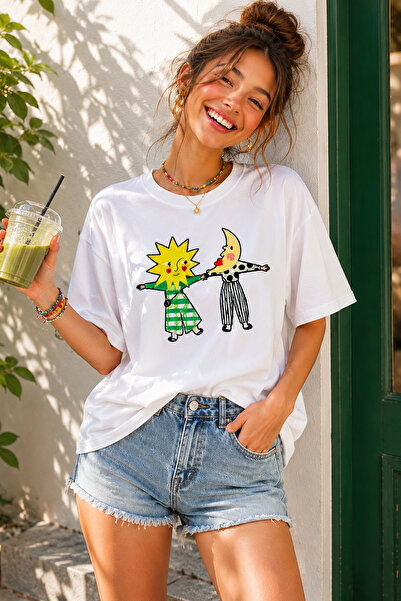 ArtYus Sun and Moon Character Printed Unisex Oversize T-Shirt – Cotton Crew N...