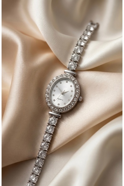 KLISHE Butik Valentina Women's Steel Watch Silver Color Oval Case Stone Detai...