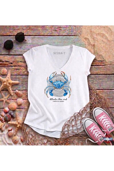 ScubaPromoTurkey Atlantil Crab Printed White V-Neck Flared Cotton T-Shirt