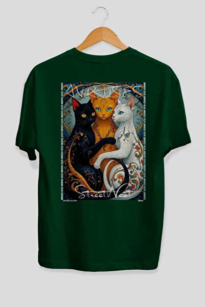 Ankhises 32 Cats for the Sake of Cats Printed Green Oversize T-Shirt 100% Cot...
