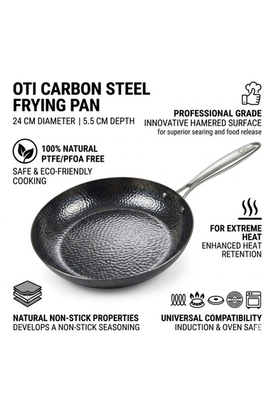 Oti OTI Carbon Steel Frying Pan, Diameter 24 cm, Innovative Hammered Surface,...