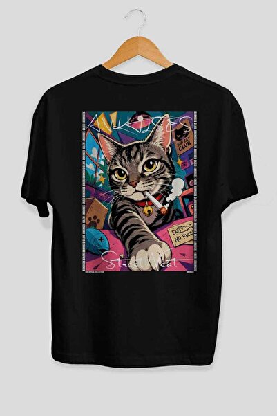 Ankhises 38 Cats for the Sake of Cat Love Printed Black Oversize T-Shirt 100%...