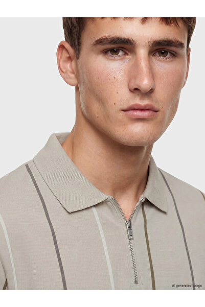 LC Waikiki Beige Polo Collar Striped Pique Men's T-Shirt