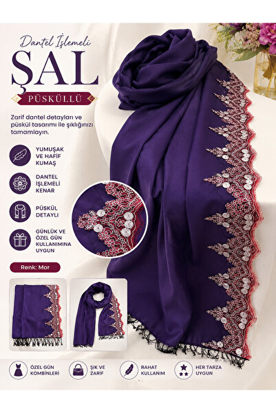 ELUNE İSTANBUL &Milano Purple Lace Embroidered Tassel Shawl