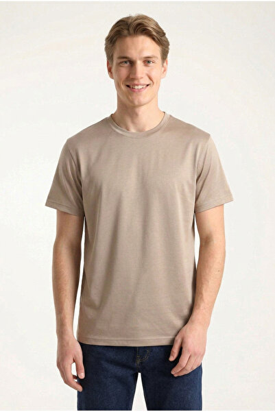 ELAFRO Men's Beige Regular Modal Fabric Silky Textured Crew Neck T-Shirt