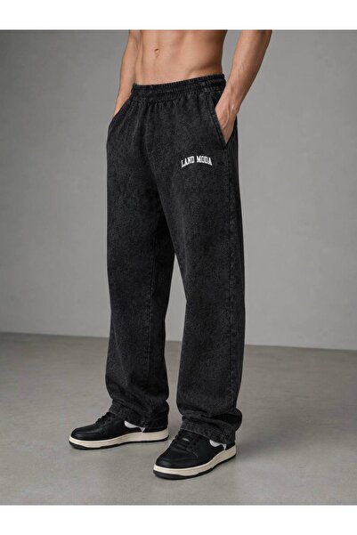 LAND MODA Vintage Washed Unisex Wide Leg Sweatpants – Black