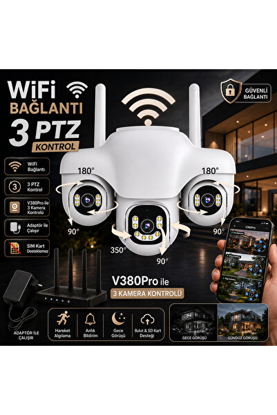 Dobest 3 Kameralı PTZ WiFi Güvenlik Kamerası | 360° Hareket Takibi Renkli Gec...