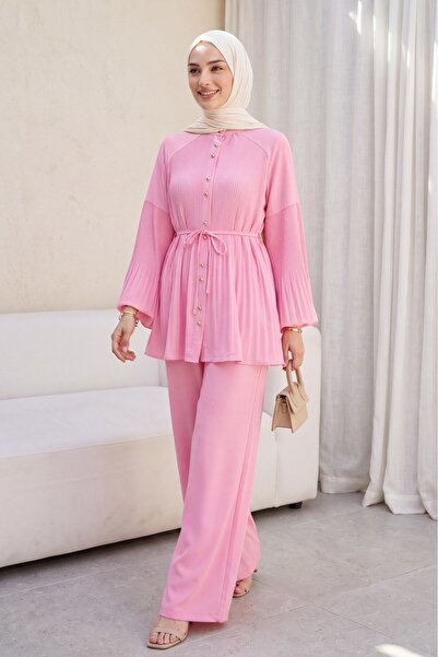 Modamorfo Piliseli High Collar Buttoned Crepe Suit - Pink