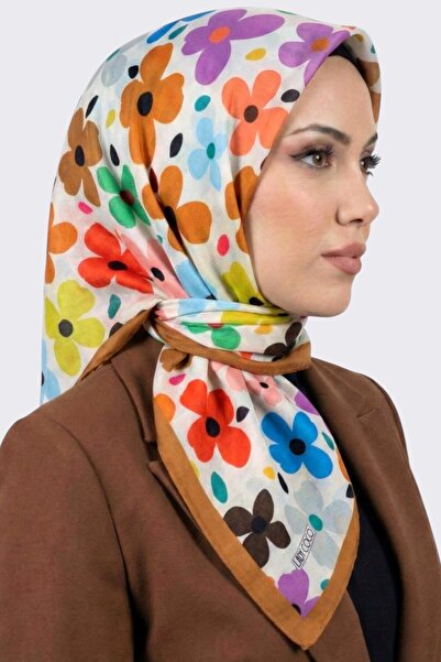 hadiora Women's White Orange Floral Patterned Organic Cotton Soft Scarf