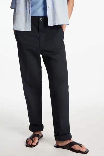 BeHill Navy Blue High Waist Straight Cut Women's Chino Trousers with Folded Legs