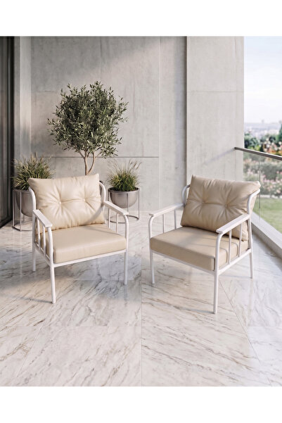 Azra Aksesuar Paris Model 2 Adet Krem Balkon Berjeri Takımı Beyaz Metal İskel...
