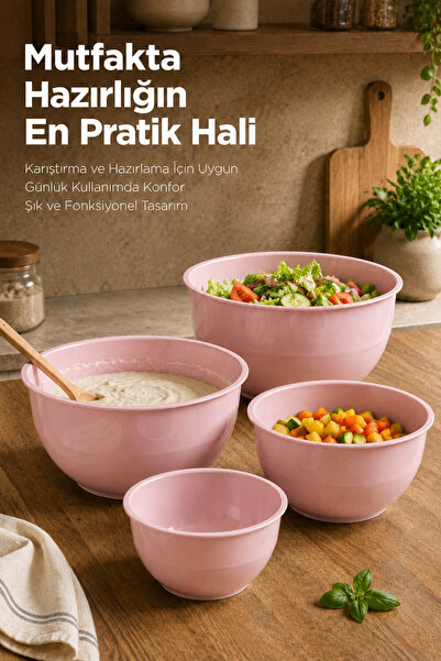 Vienev 4'lü Karıştırma Ve Hazırlama Kabı Seti - Pudra Pembe - 1L 1.5L 2.3L 3.3L