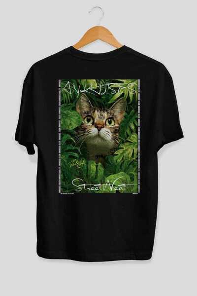 Ankhises For the Love of Cats 11 Cats Printed Black Oversize T-Shirt 100% Cot...
