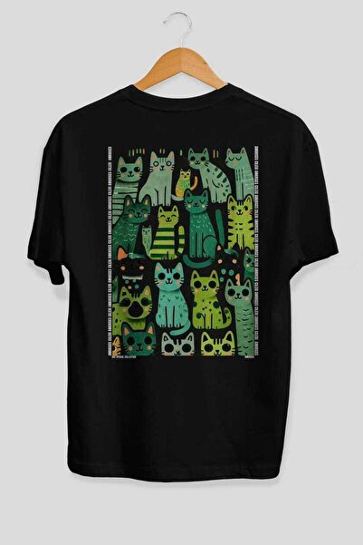 Ankhises 92 Cats for Cat Lovers Printed Black Oversize T-Shirt 100% Cotton Un...
