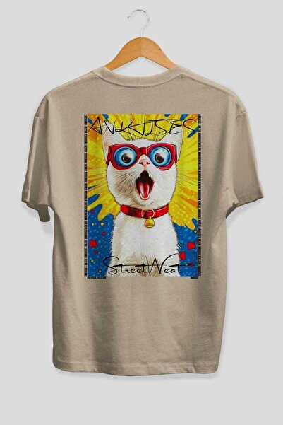 Ankhises For the Love of Cats 36 Cats Printed Beige Oversize T-Shirt 100% Cot...