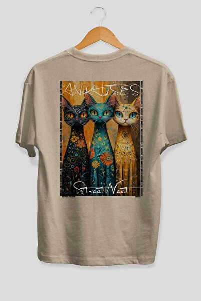 Ankhises Μπλουζάκι  "For the Love of Cats " με στάμπα 46 γατών, μπεζ, oversiz...