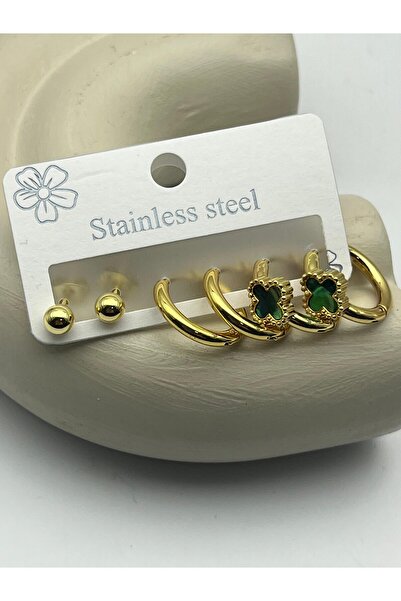 BİJU YILMAZ 26clk57 green clover detailed gold steel earring set