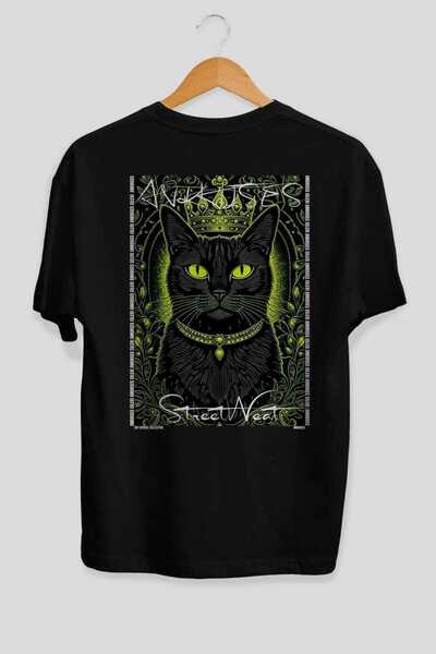 Ankhises For the Love of Cats 68 Cats Printed Black Oversize T-Shirt 100% Cot...
