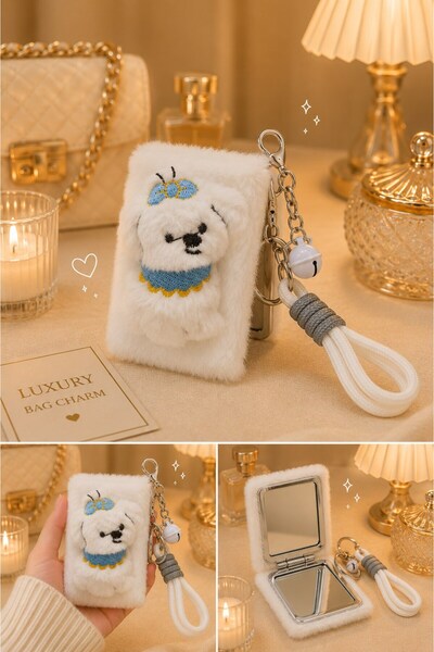 HediyeFilesi Sevimli Köpek Figürlü Peluş Cep Aynası Anahtarlık – Kawaii Bag C...