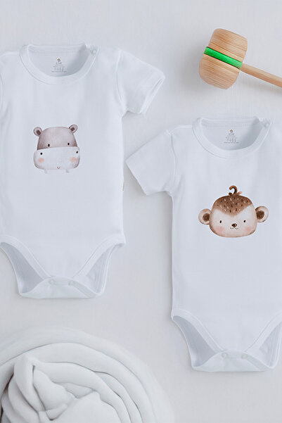 bebek perisi Organic 100% Cotton Cute Hippo and Monkey Design Baby Bodysuit 1...