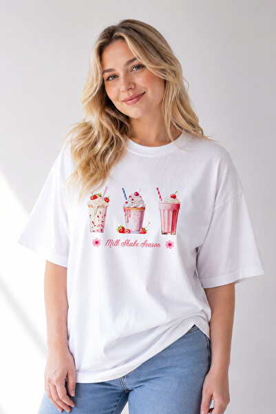 FANA Women's White Cotton Loose Fit T-Shirt Oversize Milkshake Cupcake Printe...