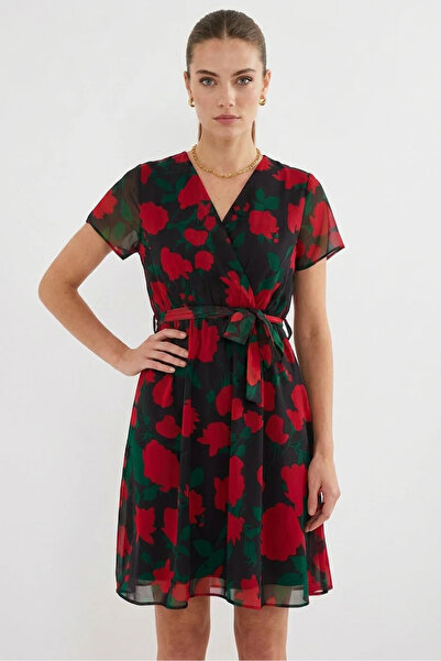 buğrahayalin Women's Short Sleeve Belted Floral Patterned Chiffon Black Dress