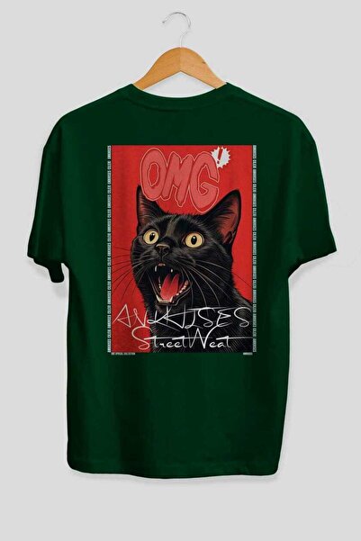 Ankhises For the Love of Cats 116 Cat Printed Green Oversize T-Shirt 100% Cot...