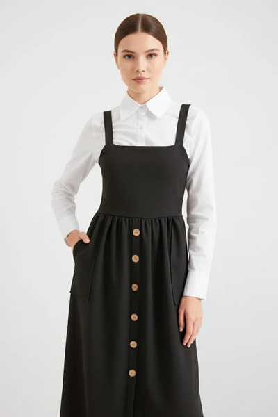 Efnaz style Women's Shirt Collar Strap Black Dress