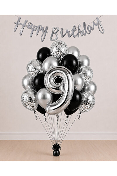 Balonsan -9- Age Silver Happy Birthday Banner Themed Balloon Bundle 15 Pieces