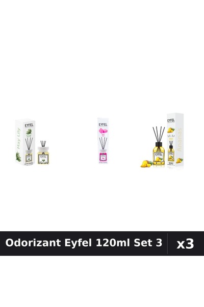 Eyfel Set 3 Odorizant Camera Betisoare 120ml - Lacramioare, Bubble Gum, Ananas