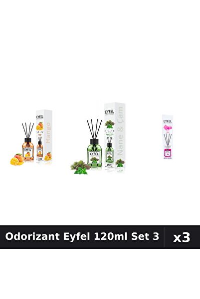 Eyfel Set 3 Odorizant Cameră Betișoare 120ml - Mango, Pin Mentă, Bubble Gum