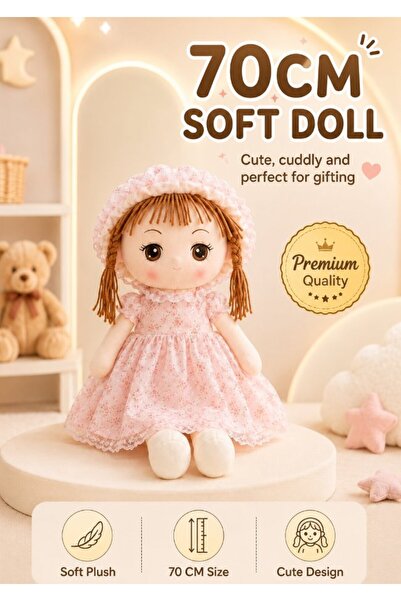 DAT Soft Plush Girl Doll with Floral Dress, Lace Bonnet & Yarn Braids 70cm – ...
